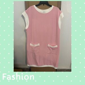 Pink and White Sleeveless Dress with Pockets